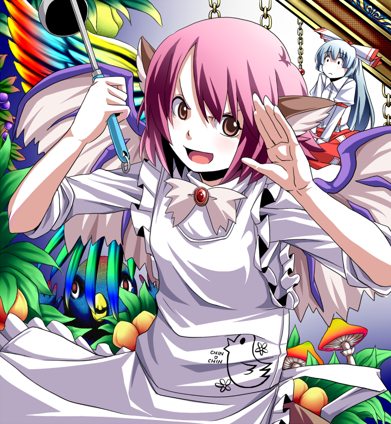 mendou saya, fujiwara no mokou, juushimatsu juushoku, mystia lorelei, touhou, bad id, bad pixiv id, >:), 3girls, :d, animal ears, apron, bird, brown eyes, clothes writing, female focus, ladle, multiple girls, mushroom, open mouth, purple hair, ribbon, salute, short hair, smile, v-shaped eyebrows, wings