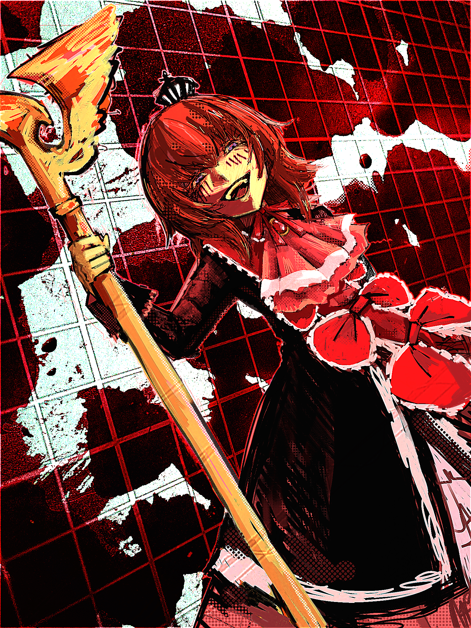 maria (umineko), ushiromiya maria, umineko no naku koro ni, highres, 1girl, ascot, black dress, blush, bow, brooch, brown hair, crown, dress, evil grin, evil smile, grin, jewelry, kakuyasu, looking at viewer, mini crown, purple eyes, red ascot, red bow, red ribbon, ribbon, smile, solo, staff