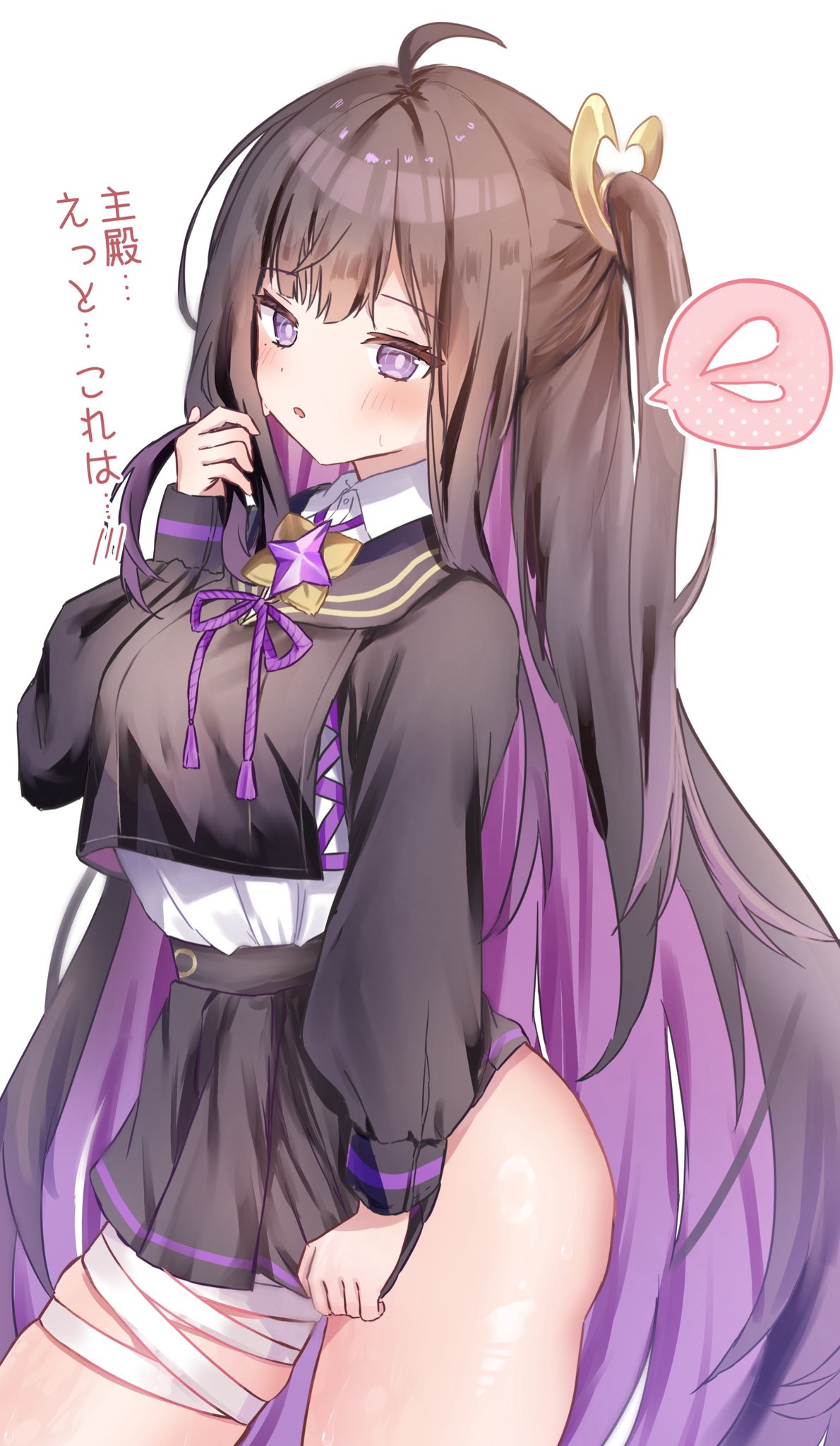 natukisigure, chitose (stella sora), stella sora, highres, ahoge, bandage on leg, bandage on thigh, bandaged leg, bandages, black hair, black sailor collar, black serafuku, black skirt, blush, breasts, colored inner hair, flustered, layered shirt, long hair, looking at viewer, miniskirt, mole, mole under eye, multicolored hair, pleated skirt, purple eyes, purple hair, purple ribbon, ribbon, sailor collar, school uniform, serafuku, skirt, very long hair, white background