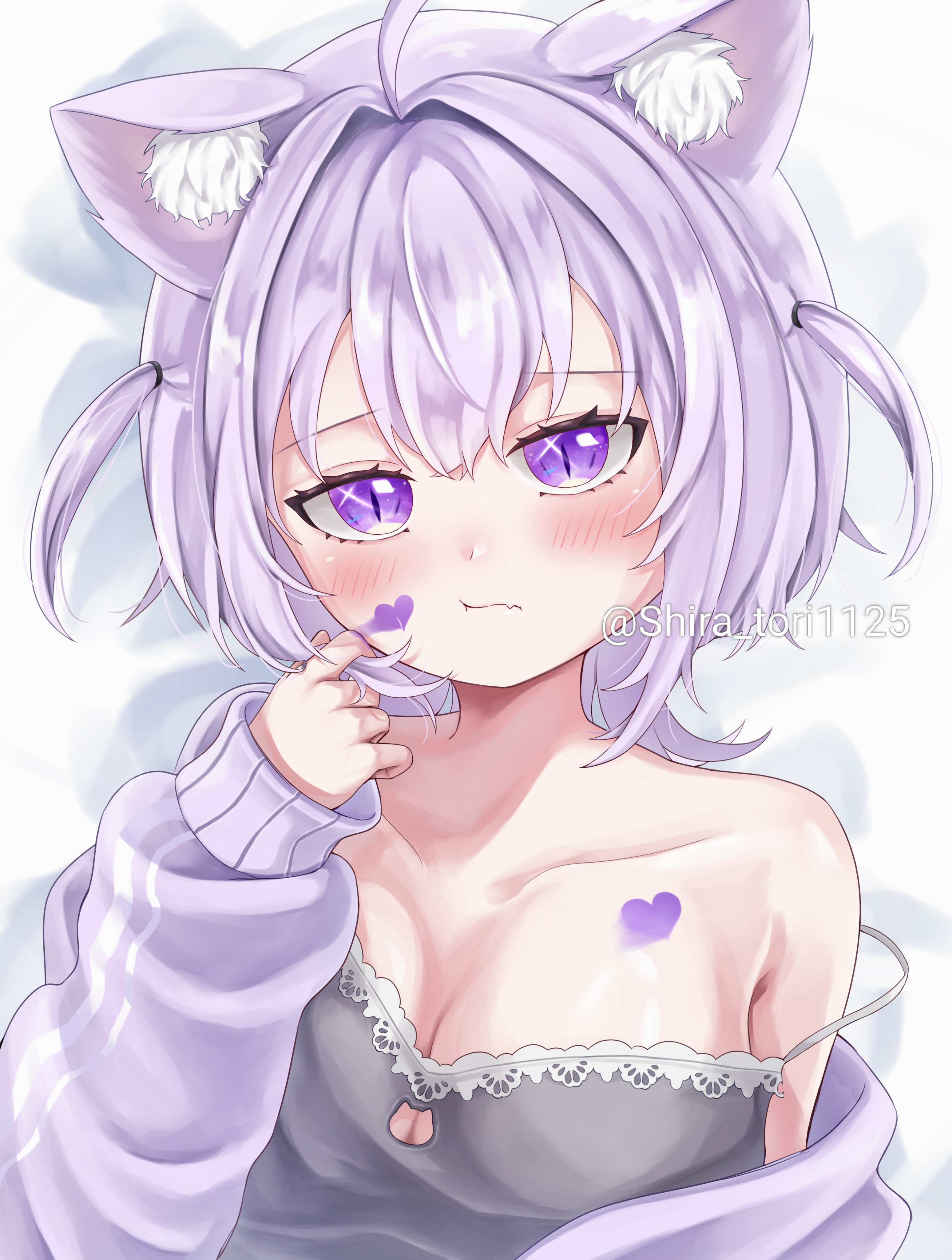 nekomata okayu, nekomata okayu (membership), hololive, absurdres, highres, 1girl, ahoge, animal ear fluff, animal ears, black camisole, blush, breasts, camisole, cat cutout, cat ears, cat girl, chest tattoo, cleavage, cleavage cutout, clothing cutout, facial tattoo, jacket, large breasts, lying, medium hair, official alternate costume, official alternate hairstyle, on back, purple eyes, purple hair, purple jacket, shiratori (atfs8447), solo, tattoo, two side up, virtual youtuber