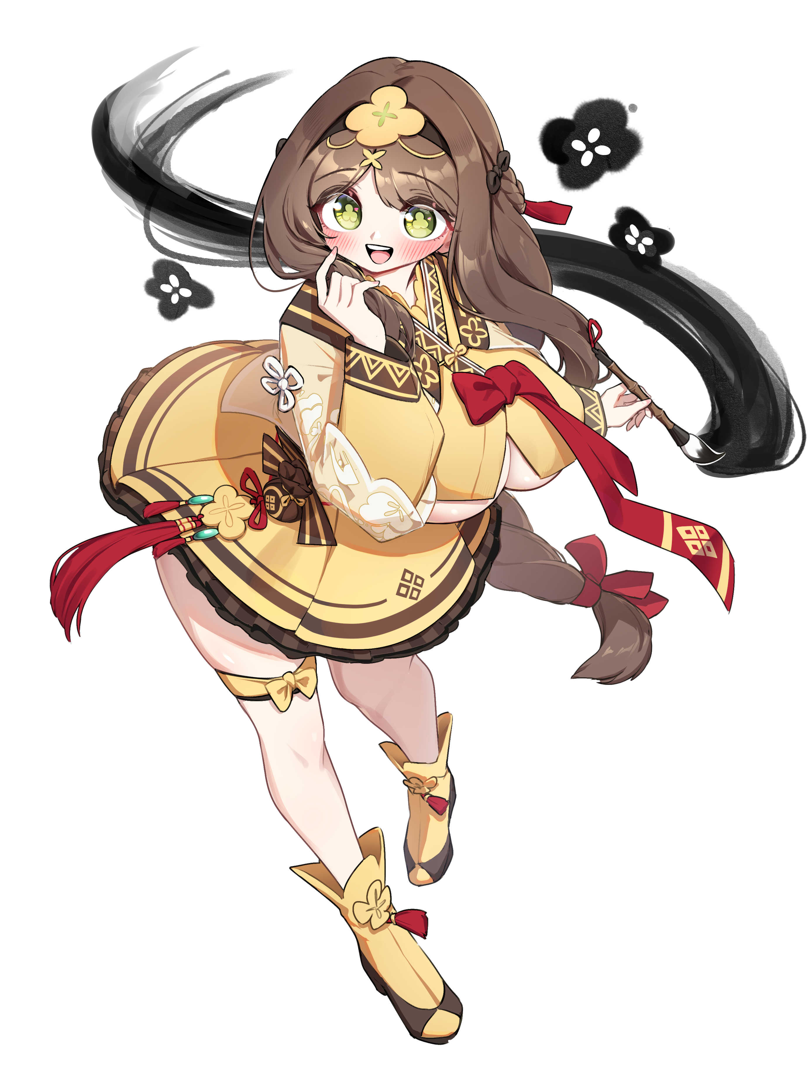 yabby, gweon sua, black survival, eternal return: black survival, absurdres, highres, 1girl, blush, boots, bow, braid, braided ponytail, breasts, brown hair, calligraphy brush, dress, full body, green eyes, hair ornament, hair ribbon, hairband, half up braid, holding, holding brush, holding calligraphy brush, holding paintbrush, large breasts, long hair, open mouth, paintbrush, parted bangs, red ribbon, ribbon, simple background, smile, solo, symbol-shaped pupils, thigh strap, underboob, very long hair, white background, yellow boots, yellow bow, yellow dress