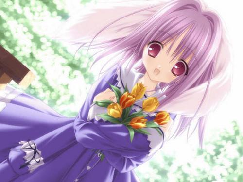 lowres, blush, bouquet, dress, flower, long hair, open mouth, purple hair, red eyes