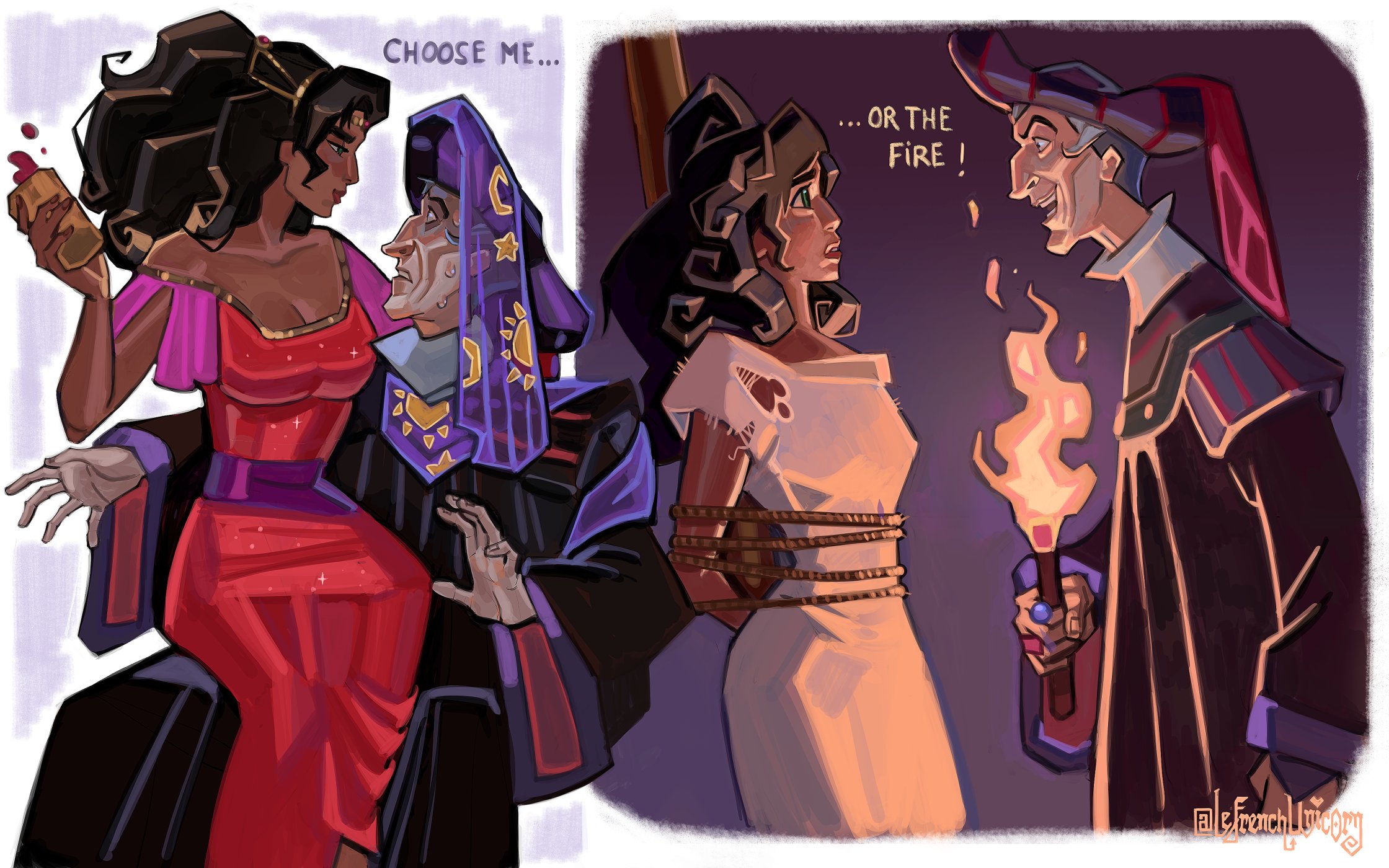 french-unicorn, claude frollo (disney), esmeralda (disney), the hunchback of notre dame (disney), highres, 1boy, 1girl, bare shoulders, belly dancing, black hair, black hat, black robe, breasts, cleavage, dark-skinned male, dark skin, dress, english text, grey hair, hair ornament, hat, hetero, holding, holding torch, long hair, looking at another, medium breasts, off-shoulder dress, off shoulder, open mouth, parted bangs, red dress, restrained, robe, short hair, sitting, sitting on lap, sitting on person, smile, torch, torn clothes, torn dress, upper body, wavy hair, white dress