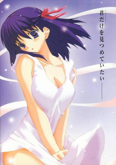 blush, breasts, cleavage, hair ribbon, head tilt, long hair, purple eyes, purple hair, ribbon