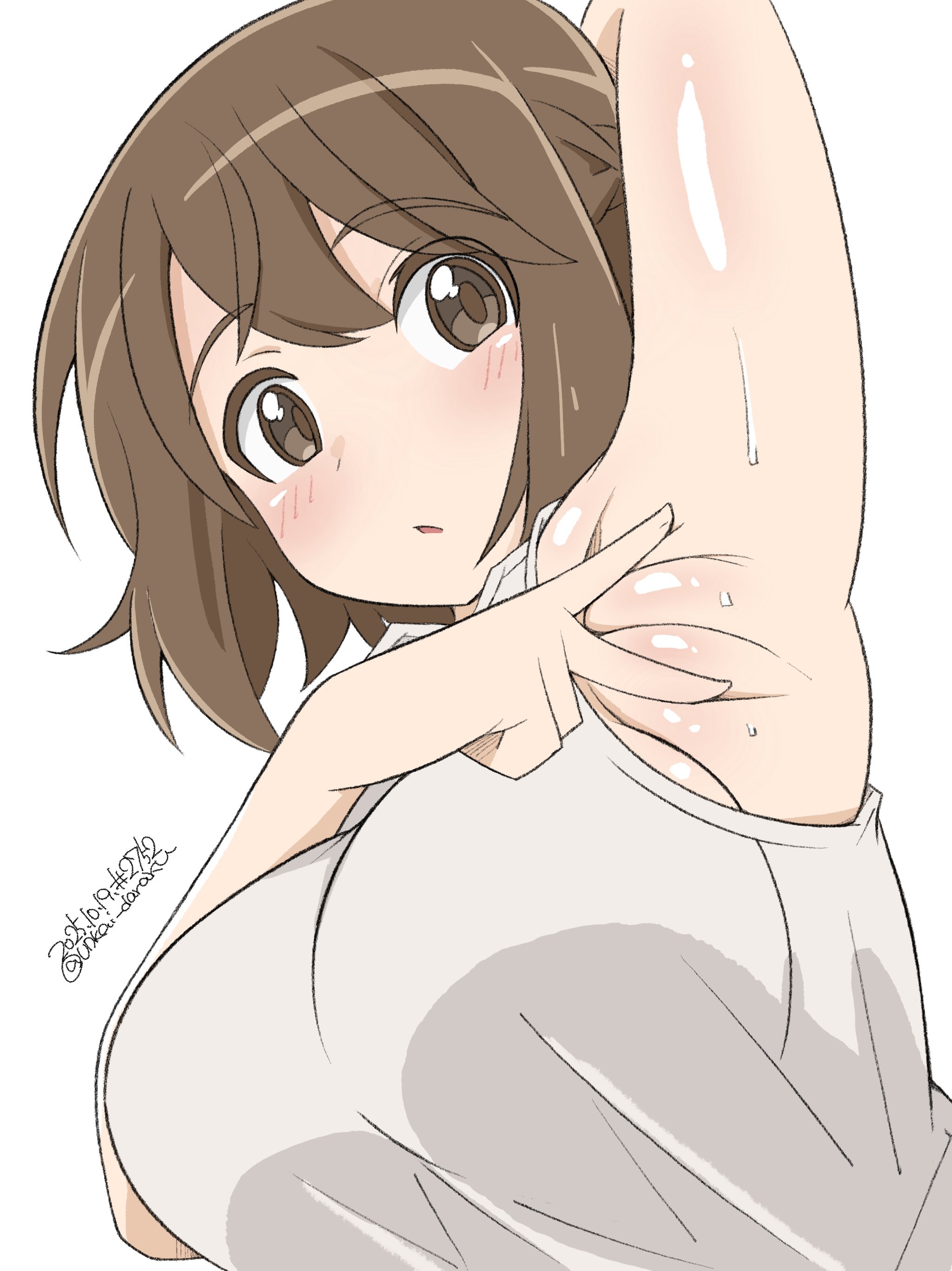 unkai daraku, shibuya inori, luminous witches, world witches series, 1girl, armpits, blush, braid, breasts, brown eyes, brown hair, large breasts, looking at viewer, open mouth, presenting armpit, shirt, short hair, simple background, solo, sweat, white background, white shirt