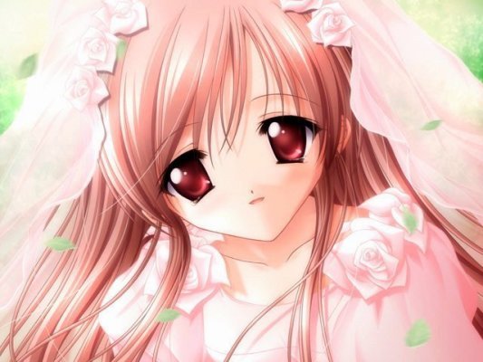 blush, brown eyes, brown hair, dress, flower, long hair, rose, wedding dress