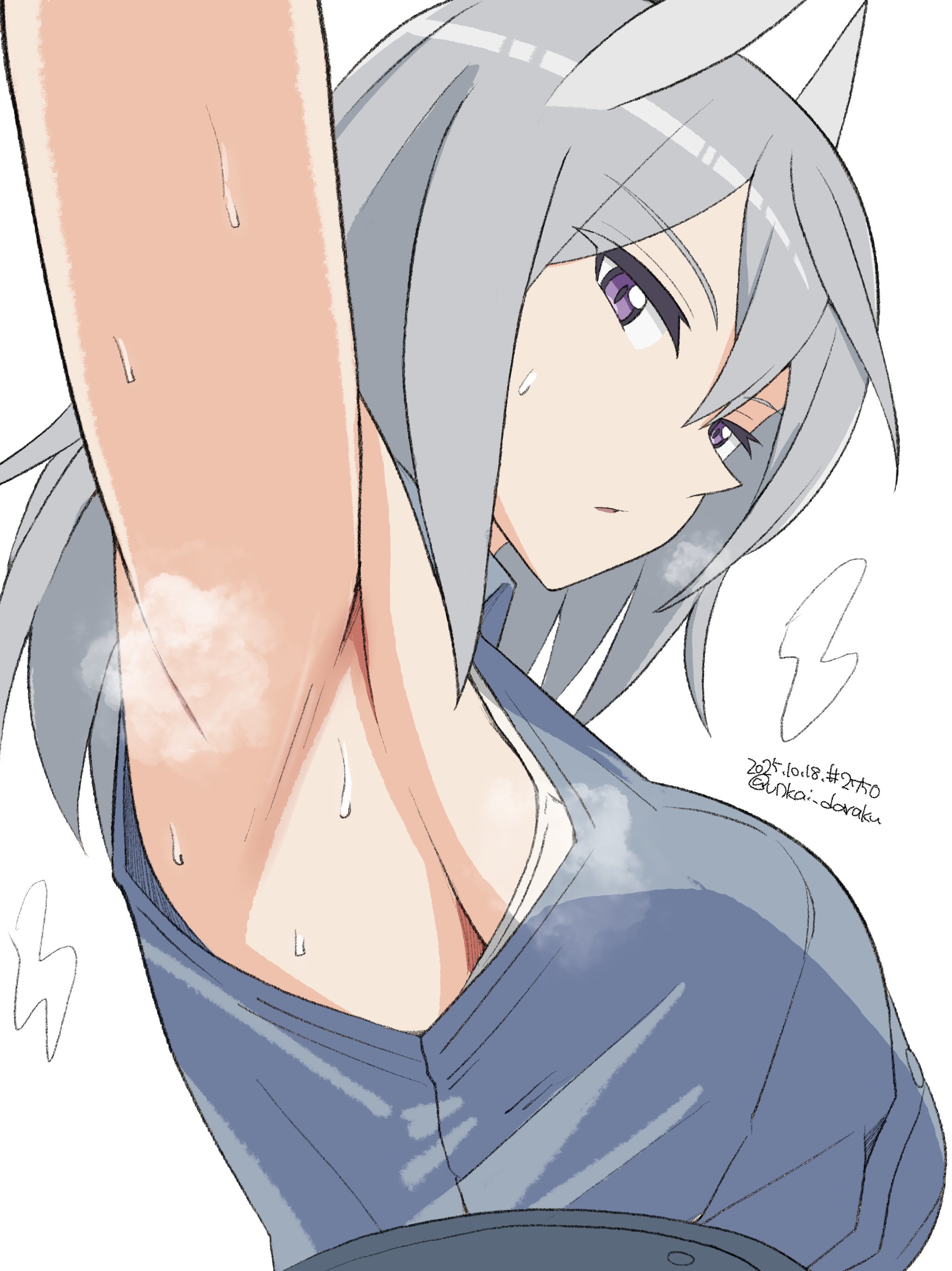 unkai daraku, aurora e. juutilainen, strike witches: aurora no majo, world witches series, 1girl, animal ears, armpits, blush, breasts, dated, fox ears, grey hair, large breasts, long hair, looking at viewer, open mouth, presenting armpit, purple eyes, sideboob, signature, simple background, solo, sweat, white background