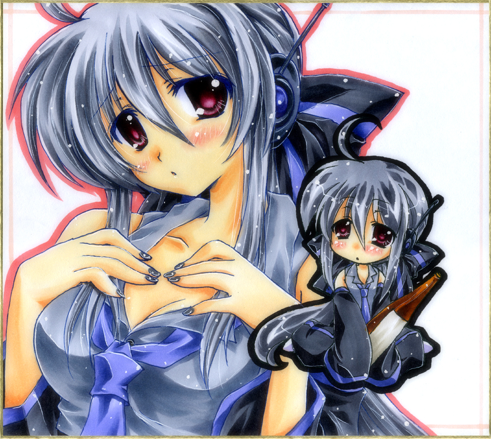 i mo ko, imoko., maiko (artist), yowane haku, vocaloid, silver hair, 1girl, ahoge, alcohol, breasts, cleavage, female focus, red eyes, shikishi, solo