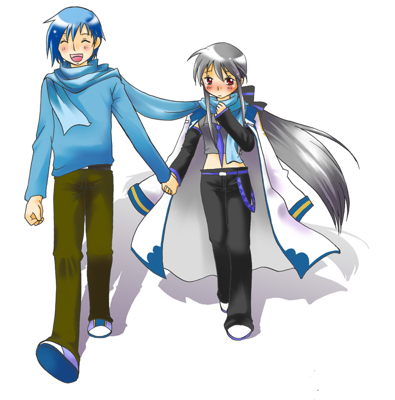 hasegawa shuu, kaito (vocaloid), yowane haku, vocaloid, silver hair, 1boy, 1girl, ahoge, blue hair, couple, detached sleeves, hetero, holding hands, long hair, red eyes, ribbon, scarf, shared clothes, shared scarf, very long hair