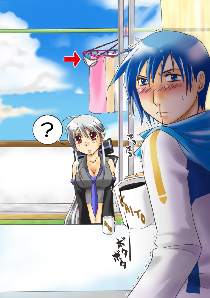 hasegawa shuu, kaito (vocaloid), yowane haku, vocaloid, silver hair, 1boy, 1girl, blood, blue hair, blue scarf, couple, detached sleeves, hetero, nosebleed, panties, red eyes, ribbon, scarf, underwear