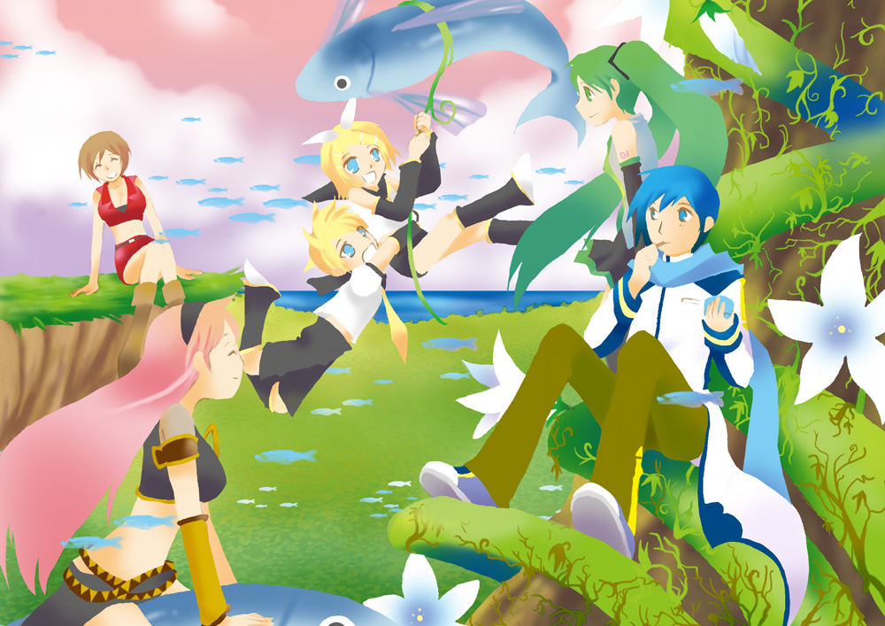 hasegawa shuu, hatsune miku, kagamine len, kagamine rin, kaito (vocaloid), megurine luka, meiko (vocaloid), vocaloid, 2boys, 4girls, bad anatomy, fish, flying, flying fish, food, ice cream, multiple boys, multiple girls, overgrown, poorly drawn