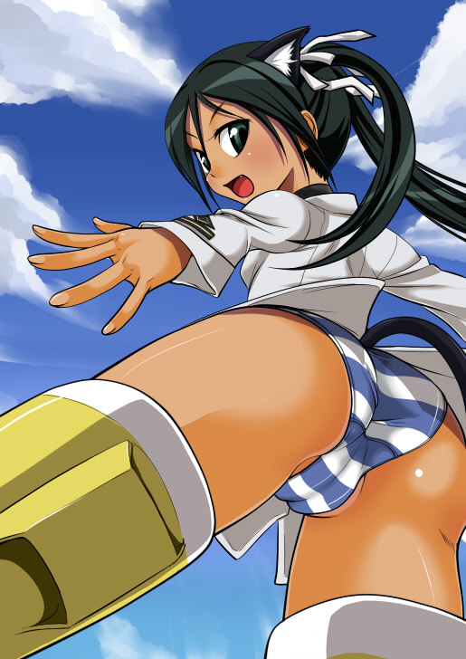 taku-tama, francesca lucchini, strike witches, world witches series, 00s, 1girl, ass, black hair, breasts, cameltoe, female focus, from below, green eyes, medium breasts, no pants, panties, pantyshot, solo, striped clothes, striped panties, tail, trefoil, twintails, underwear, upshirt