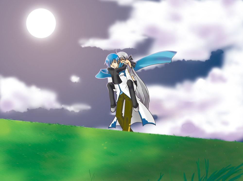 hasegawa shuu, kaito (vocaloid), yowane haku, vocaloid, silver hair, 1boy, 1girl, ahoge, blue hair, blue scarf, carrying, cloud, couple, day, detached sleeves, hetero, long hair, moon, piggyback, ribbon, scarf, very long hair