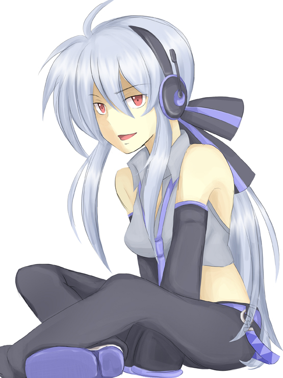 nico(pixiv126416), nico (artist), yowane haku, vocaloid, silver hair, bad id, bad pixiv id, 1girl, ahoge, blouse, crossed legs, detached sleeves, female focus, grey shirt, indian style, long hair, open mouth, red eyes, ribbon, shirt, simple background, sitting, smirk, solo, very long hair