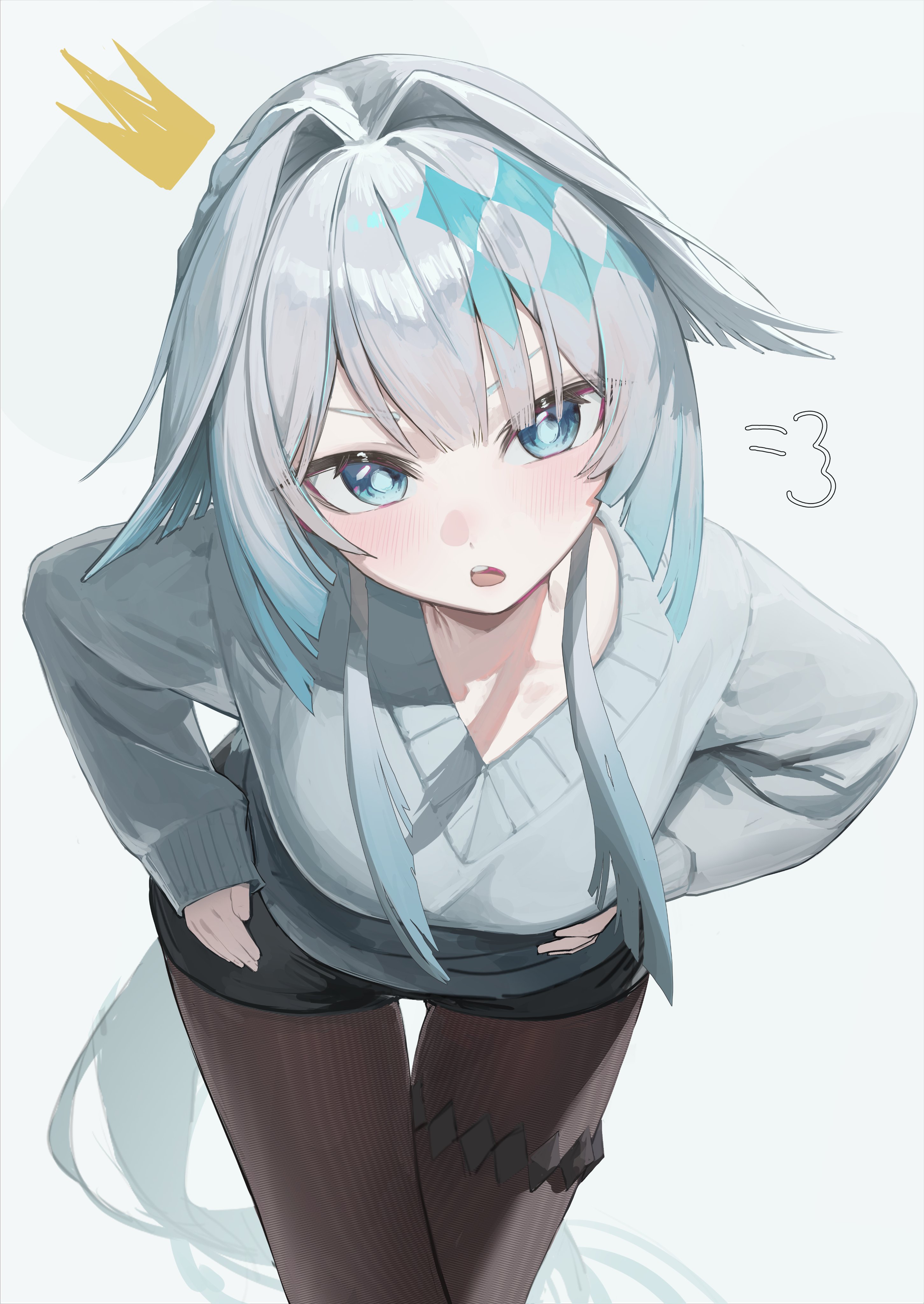 apopo, cerydra (honkai: star rail), honkai: star rail, honkai (series), absurdres, hashtag-only commentary, highres, 1girl, alternate costume, blue eyes, blue streaks, breasts, crown, diamond (shape), hands on own hips, light blush, long hair, medium breasts, mini crown, pantyhose, shorts, solo focus, sweater, teeth, thigh strap, upper teeth only, v-shaped eyebrows, very long hair, white background, white hair
