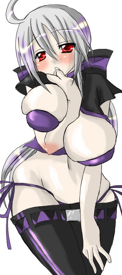 azumo shinobu, shinonome(pixiv468396), yowane haku, vocaloid, silver hair, bad id, bad pixiv id, 1girl, ahoge, between breasts, black thighhighs, blush, breasts, female focus, large breasts, long hair, midriff, pale skin, panties, purple panties, red eyes, ribbon, side-tie panties, simple background, solo, thighhighs, underwear