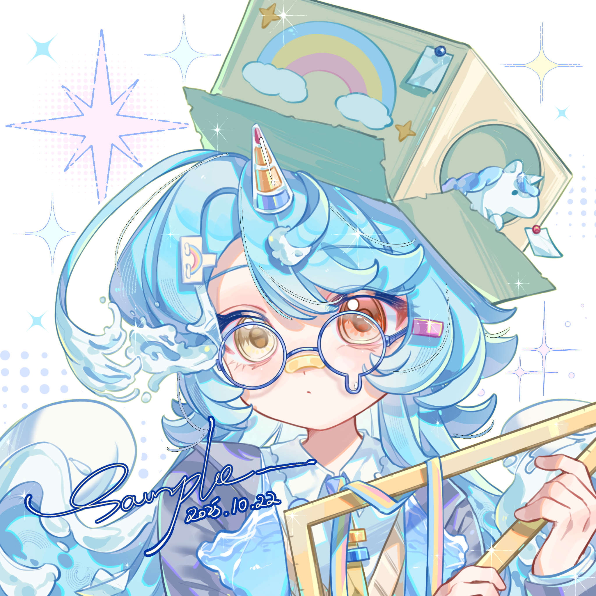 wangyou paigutang, original, highres, 1girl, bandaid, bandaid on face, bandaid on nose, blue-framed eyewear, blue hair, box, cardboard box, closed mouth, collared shirt, dated, glasses, grey jacket, hair ornament, hairclip, heterochromia, holding ruler, horns, jacket, long hair, looking at viewer, orange eyes, parted bangs, portrait, round eyewear, sample watermark, shirt, single horn, solo, teardrop-framed glasses, watermark, white background, white shirt, yellow eyes