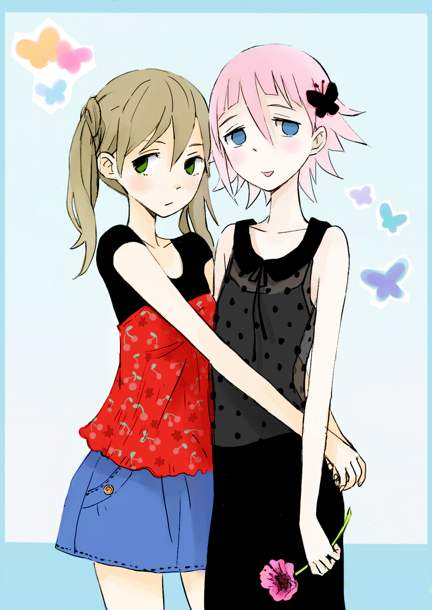 crona (soul eater), maka albarn, soul eater, bad id, bad pixiv id, gender request, highres, 00s, androgynous, black dress, blonde hair, blue background, blue eyes, blush, bug, butterfly, casual, cherry print, denim, denim skirt, dress, flower, food print, fruit print, green eyes, hair between eyes, hair ornament, hug, insect, long hair, pink hair, raised eyebrows, shirt, short hair, simple background, skirt, twintails