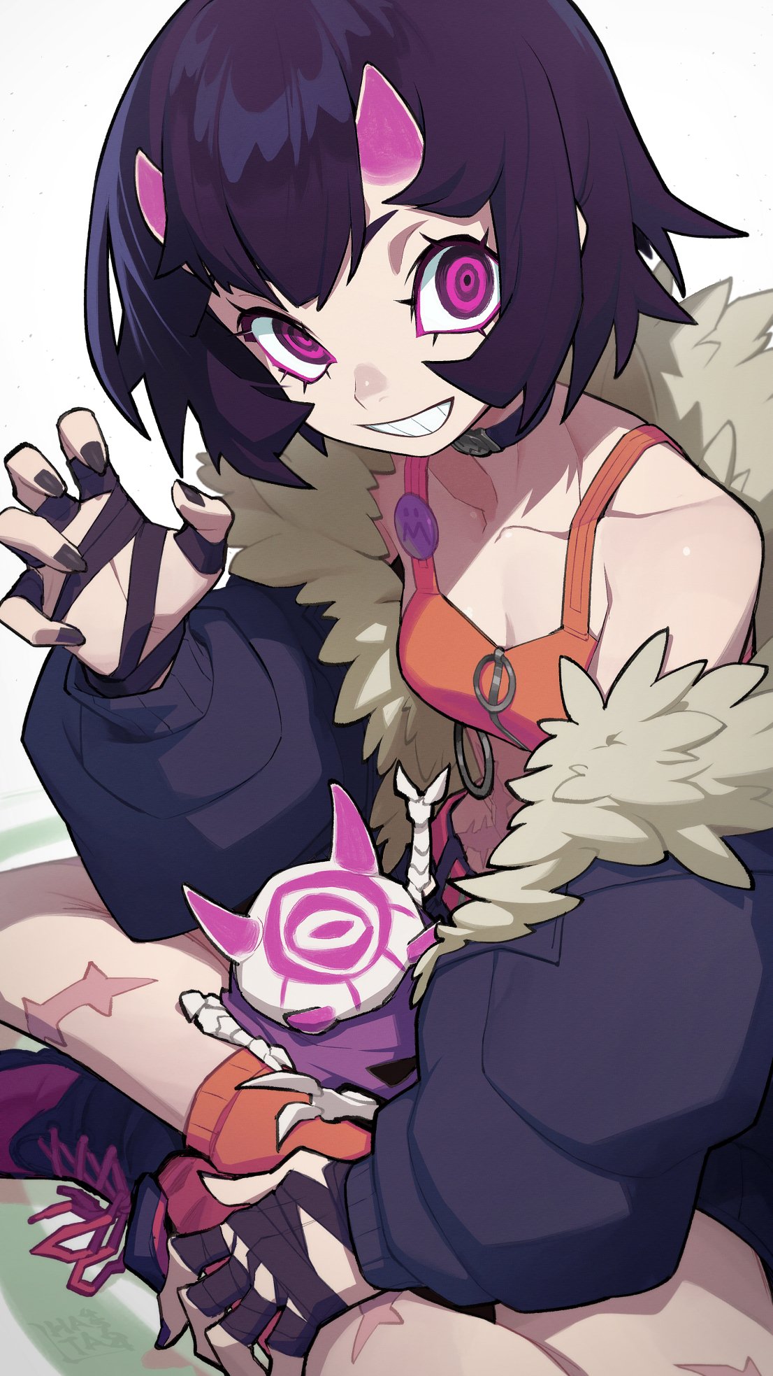 hata4564, original, highres, 1girl, bandaged hand, bandages, black bandages, black choker, black hair, black jacket, black nails, black shoes, borrowed character, breasts, choker, crop top, down jacket, fingernails, grin, horns, indian style, jacket, looking at viewer, mona (deadslug), nail polish, off shoulder, open clothes, open jacket, orange socks, purple eyes, ringed eyes, scar, scar on leg, scar on stomach, shoes, short hair, sitting, small breasts, smile, socks, solo, tank top