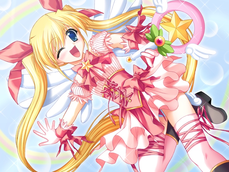 blonde hair, blue eyes, blush, dress, hair ribbon, long hair, open mouth, ribbon, thighhighs, wand, wink