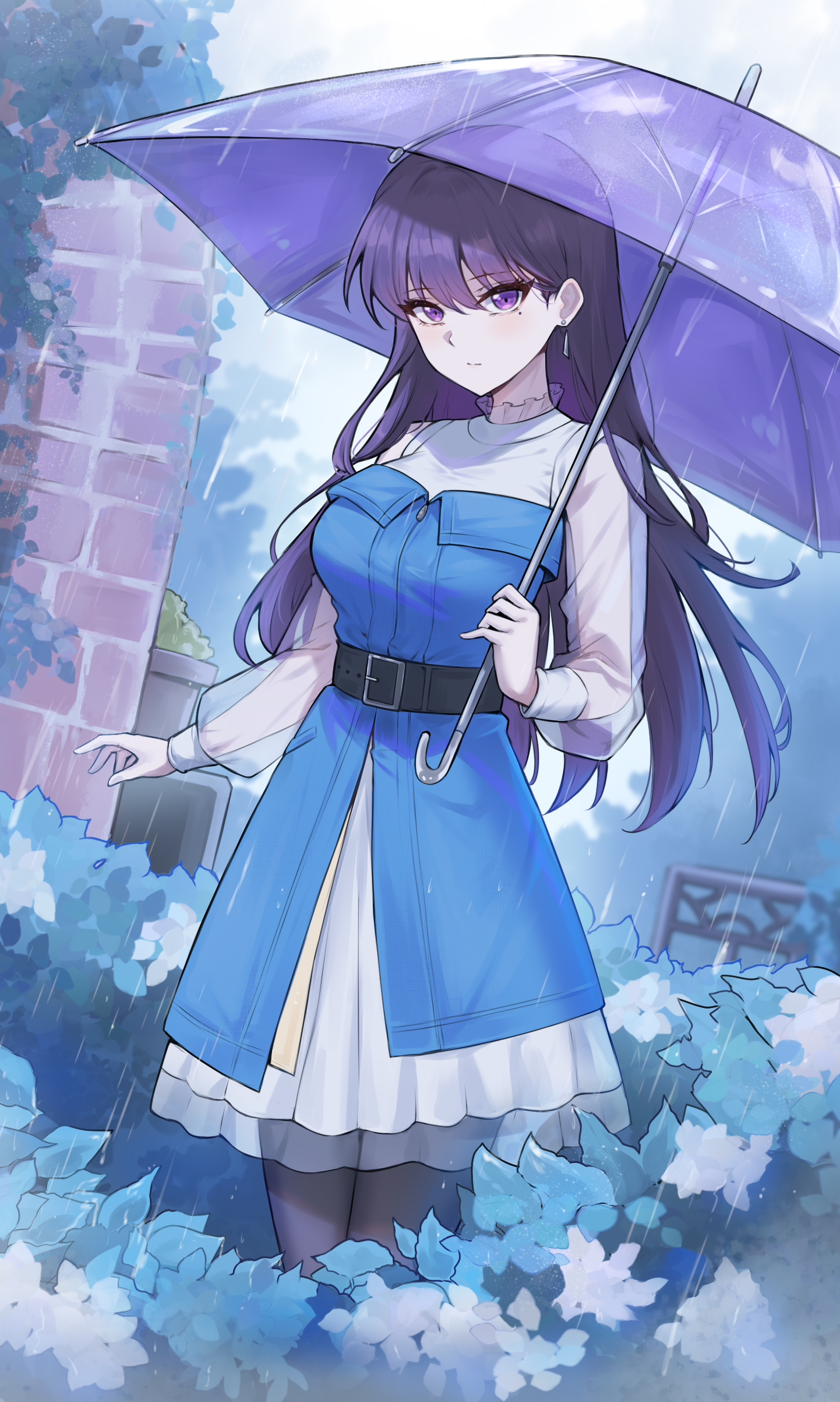 unique (pixiv12704744), shiina taki, bang dream!, bang dream! it's mygo!!!!!, absurdres, chinese commentary, commentary request, highres, 1girl, animal ears, belt, black belt, black pantyhose, breasts, closed mouth, flower, holding, holding umbrella, hydrangea, large breasts, long hair, looking at viewer, mole, mole under eye, pantyhose, purple eyes, rain, shirt, solo, umbrella, white shirt