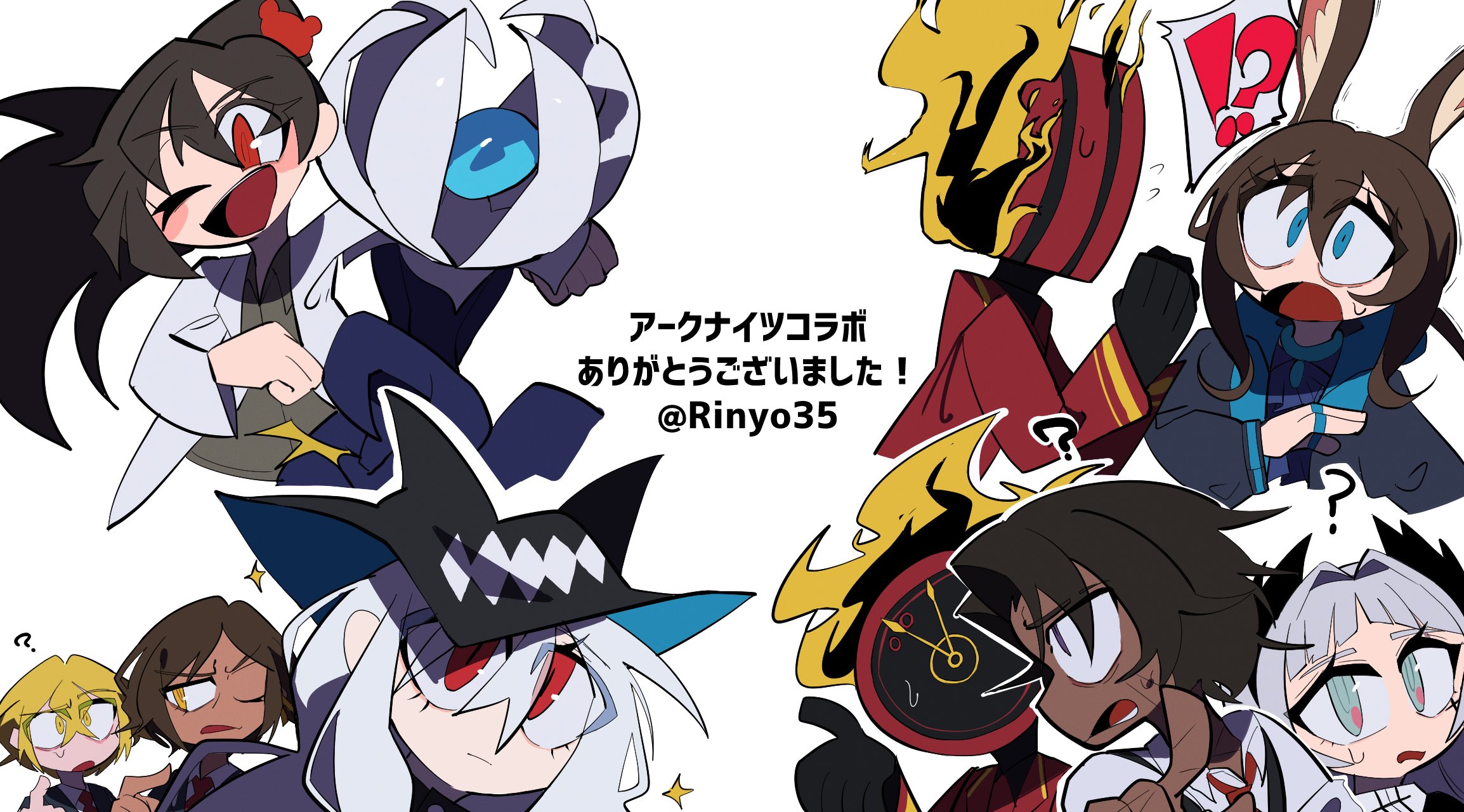 rinyo35, amiya (arknights), carmen (project moon), dante (limbus company), deep sea slider (arknights), don quixote (project moon), heathcliff (project moon), irene (arknights), outis (project moon), seaborn (arknights), skadi (arknights), arknights, limbus company, project moon, highres, !?, 1boy, 1other, 6+girls, blonde hair, brown hair, creature, grey eyes, hair ornament, hat, jewelry, monster, multiple girls, multiple rings, object head, orange eyes, red eyes, ring, scar, white background, white hair, yellow eyes