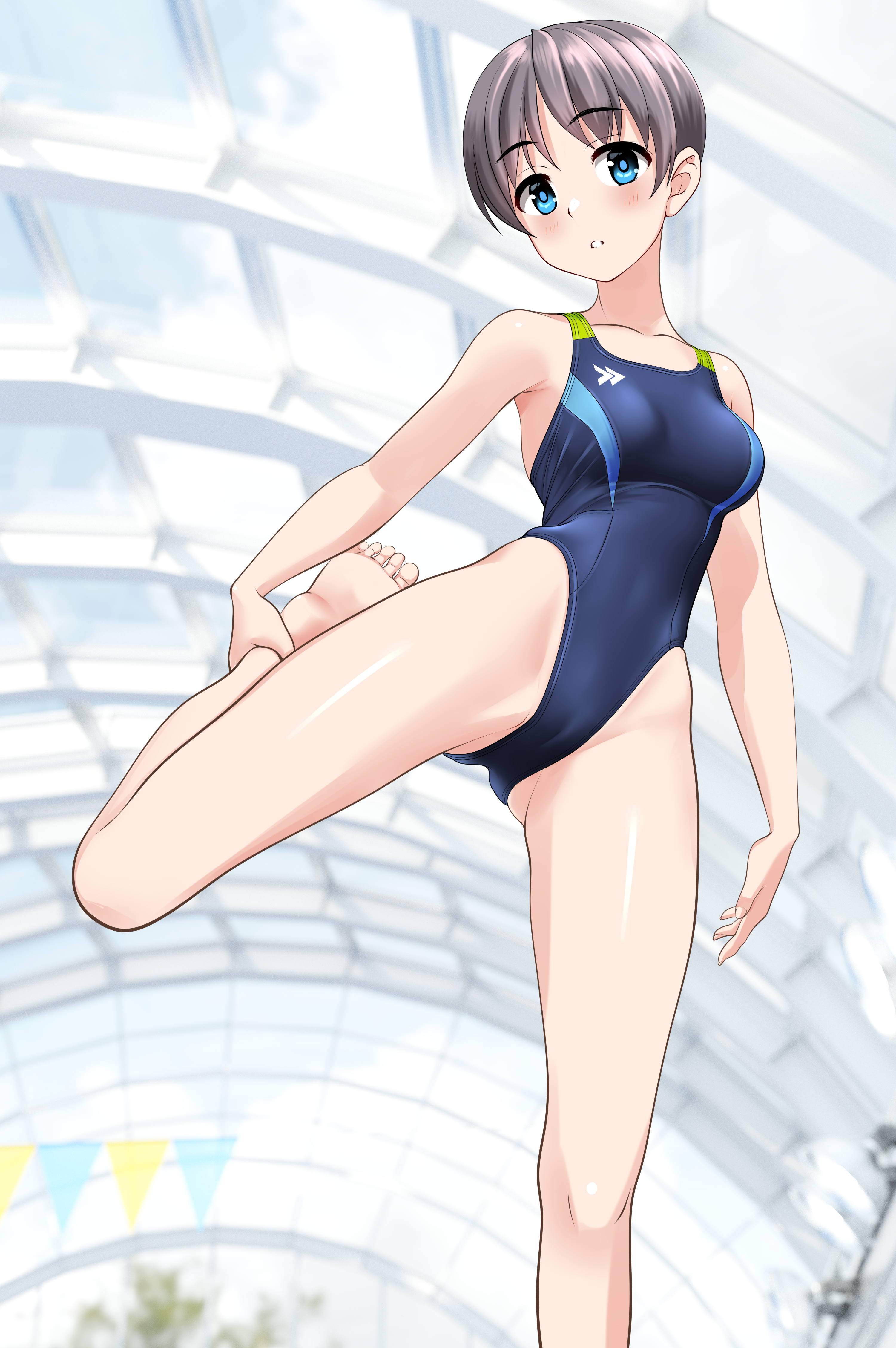 takafumi, original, absurdres, commentary request, highres, variant set, 1girl, blue eyes, blue one-piece swimsuit, breasts, competition swimsuit, covered navel, feet out of frame, foot up, glass ceiling, grey hair, highleg, highleg one-piece swimsuit, leg lift, looking at viewer, medium breasts, multicolored swimsuit, one-piece swimsuit, short hair, solo, stretching, string of flags, swimsuit
