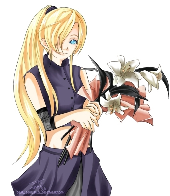 starlightdevil, yamanaka ino, naruto (classic), naruto (series), 1girl, blonde hair, blue eyes, female focus, flower, hair over one eye, long hair, ponytail, simple background, skirt, solo