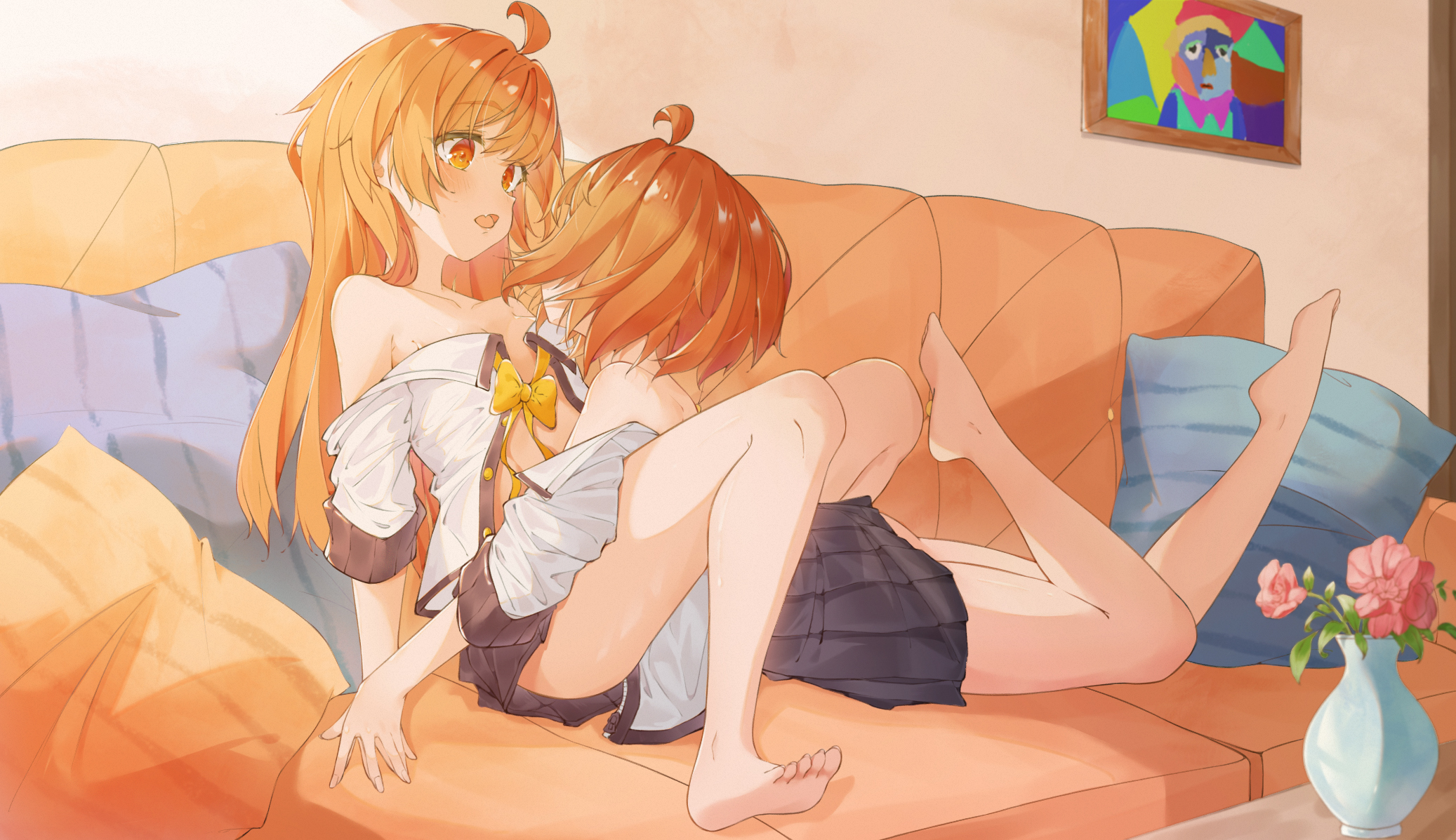 original, commentary request, highres, 2girls, ahoge, barefoot, between legs, black skirt, bow, bowtie, couch, flower, indoors, long hair, multiple girls, on couch, open clothes, open shirt, orange eyes, orange hair, painting (object), pink flower, pleated skirt, school uniform, shirt, short hair, skirt, toes, vase, white shirt, wo zhen te me xue bu hui shang shai, yellow bow, yellow bowtie, yuri