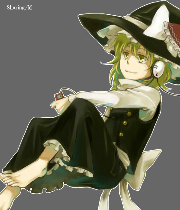 kuroda (artist), kuroda (nanchara flight), kirisame marisa, touhou, bad id, bad pixiv id, 1girl, barefoot, blonde hair, braid, digital media player, earphones, feet, female focus, hat, headphones, ribbon, shared earphones, short hair, sitting, solo, witch, witch hat, yellow eyes