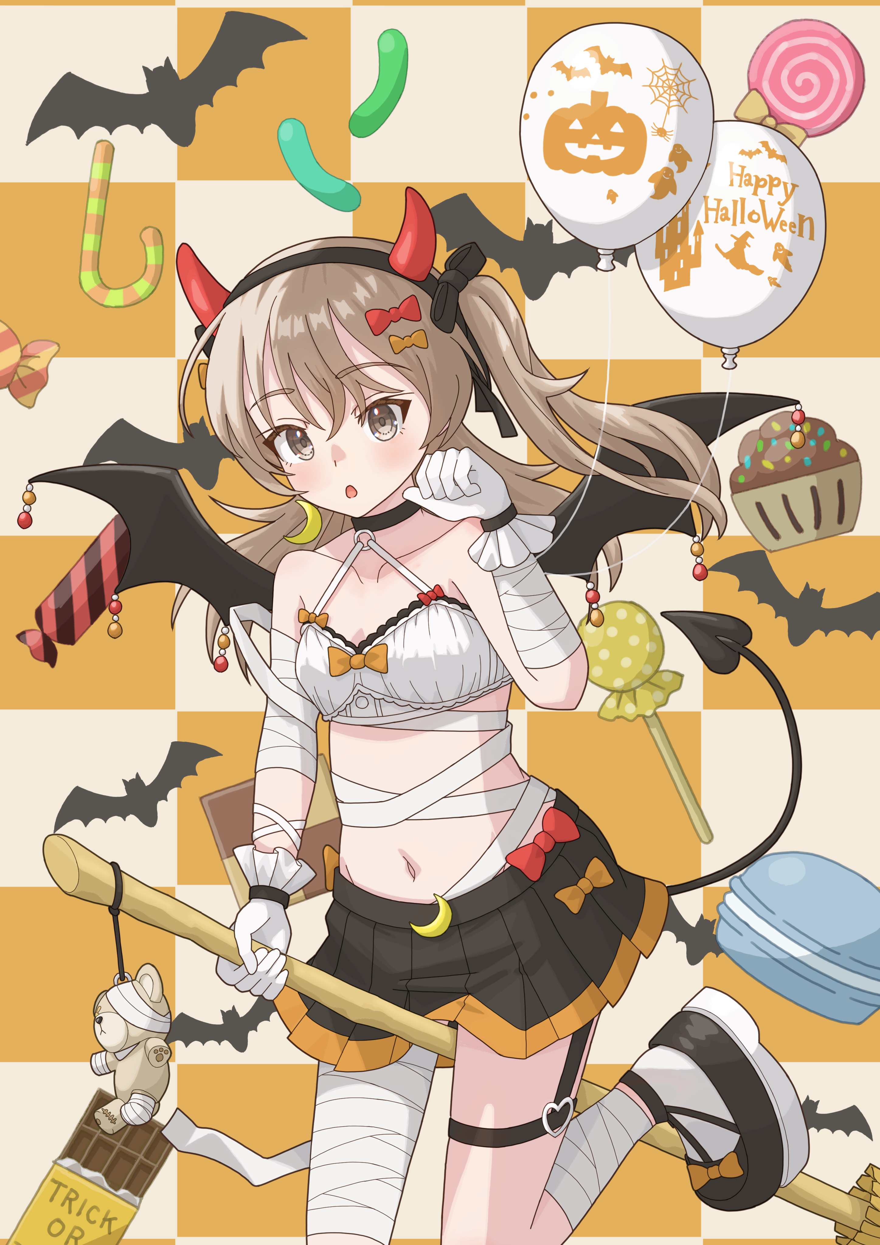 qgkmn541, boko (girls und panzer), shimada arisu, girls und panzer, absurdres, highres, 1girl, :o, bandages, bat (animal), bat wings, black choker, black skirt, breasts, broom, candy, chocolate, chocolate bar, choker, demon horns, demon tail, food, globe, gloves, grey hair, halloween, halloween costume, horns, long hair, looking at viewer, navel, skirt, small breasts, solo, stuffed animal, stuffed toy, tail, teddy bear, white gloves, wings