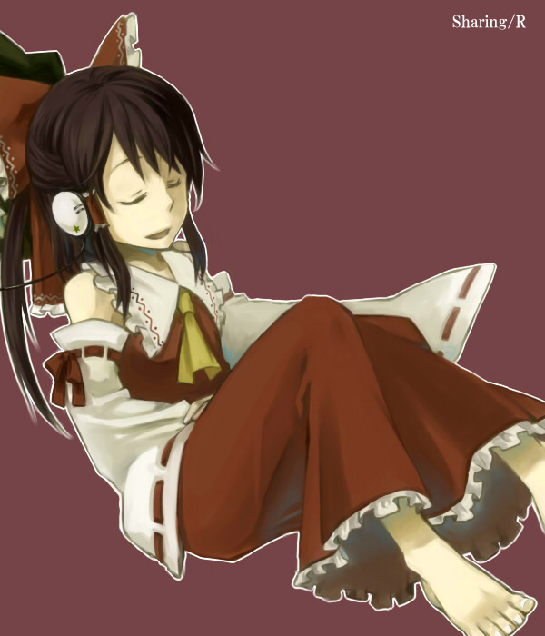 kuroda (artist), kuroda (nanchara flight), hakurei reimu, touhou, bad id, bad pixiv id, 1girl, barefoot, black hair, bow, closed eyes, detached sleeves, earphones, feet, female focus, hair bow, headphones, japanese clothes, long hair, miko, ribbon, shared earphones, sitting, solo