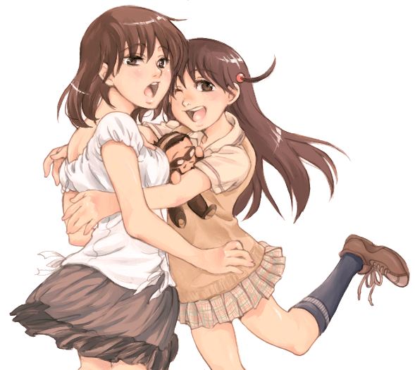 cika, harima kenji, tsukamoto tenma, tsukamoto yakumo, school rumble, bad id, bad pixiv id, 00s, 2girls, blush, brown eyes, brown hair, hair ornament, hairband, hug, kneehighs, laughing, long hair, miniskirt, multiple girls, one eye closed, open mouth, plaid clothes, plaid skirt, pleated skirt, shoes, short hair, siblings, sisters, skirt, smile, socks, stuffed animal, stuffed toy, sunglasses, sweater, sweater vest, vest, wink
