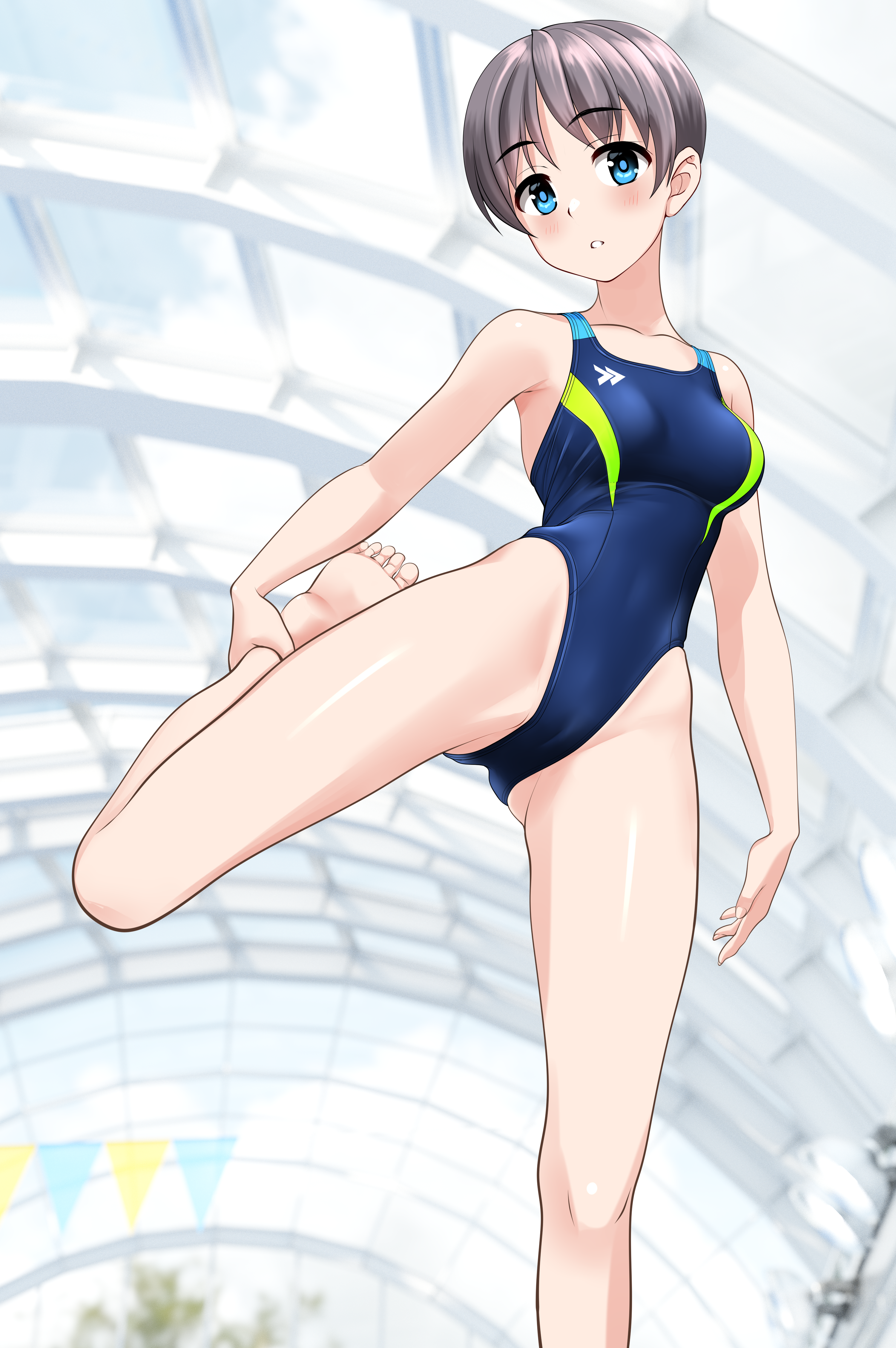 takafumi, original, absurdres, commentary request, highres, variant set, 1girl, blue eyes, blue one-piece swimsuit, breasts, competition swimsuit, covered navel, feet out of frame, foot up, glass ceiling, grey hair, highleg, highleg one-piece swimsuit, leg lift, looking at viewer, medium breasts, multicolored swimsuit, one-piece swimsuit, short hair, solo, stretching, string of flags, swimsuit