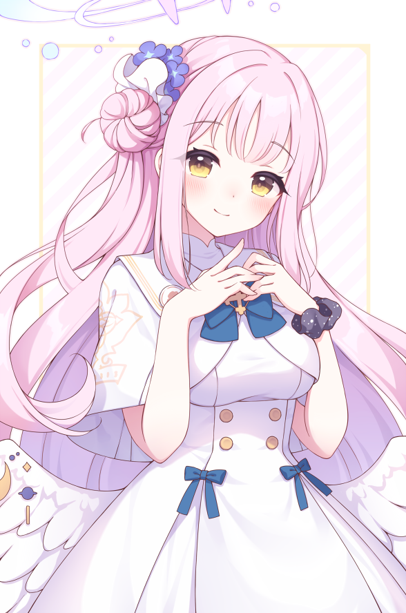 sanotsuki, mika (blue archive), blue archive, commentary request, 1girl, angel wings, blue bow, blush, bow, breasts, buttons, capelet, closed mouth, double-breasted, dress, feathered wings, flower, gold trim, hair bun, hair flower, hair ornament, halo, long hair, looking at viewer, low wings, medium breasts, pink hair, pink halo, scrunchie, single hair bun, single side bun, smile, solo, very long hair, white capelet, white dress, white overskirt, white wings, wing ornament, wings, wrist scrunchie, yellow eyes