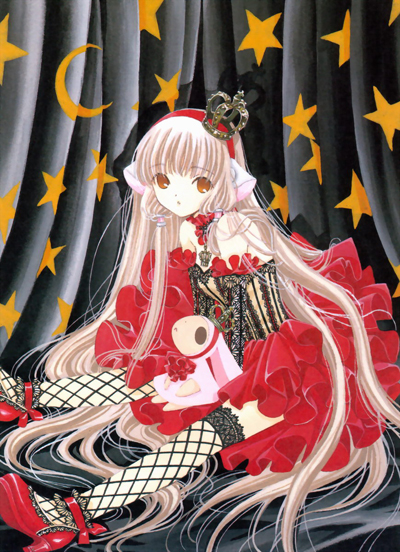 chii, pda (chobits), chobits, 00s, blonde hair, brown eyes, bustier, fishnets, goth fashion, long hair, persocom, sitting