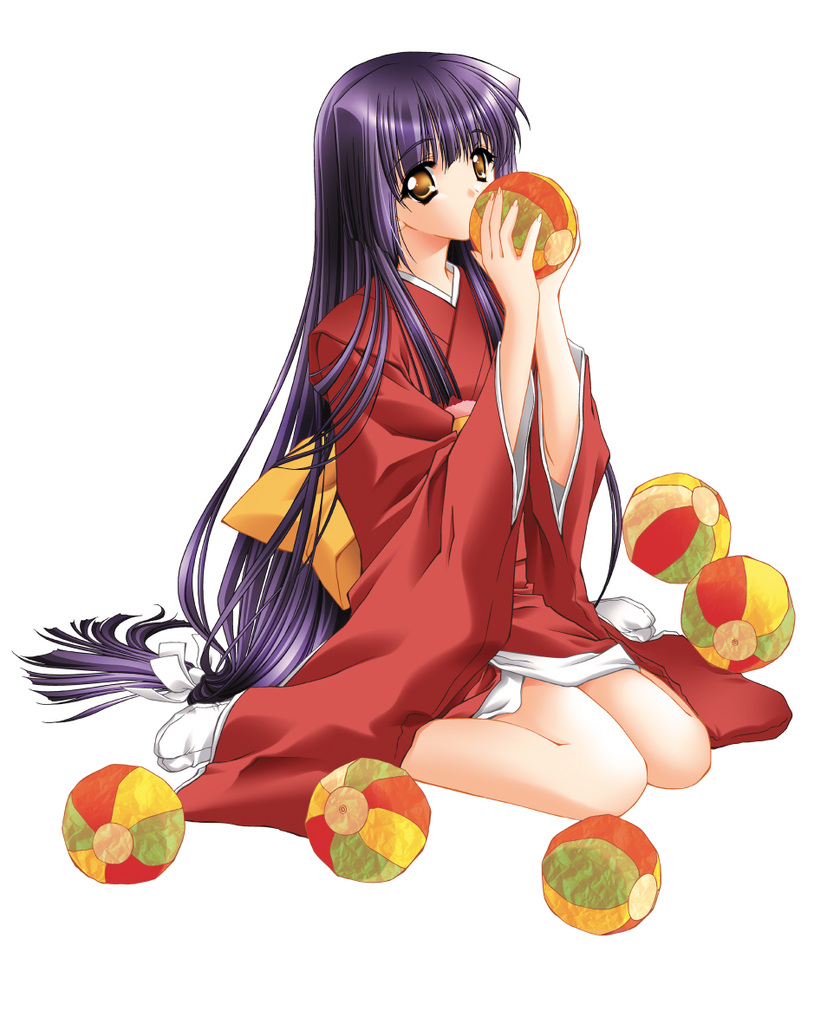 ball, hair ribbon, japanese clothes, kimono, kneeling, long hair, purple hair, ribbon, tabi, thighhighs, yellow eyes
