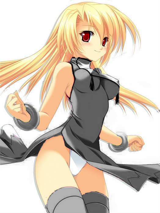 kinoshita ichi, 1girl, blonde hair, blush, bracelet, breasts, china dress, chinese clothes, dress, female focus, jewelry, long hair, panties, pantyshot, red eyes, simple background, smile, solo, thighhighs, underwear, white panties