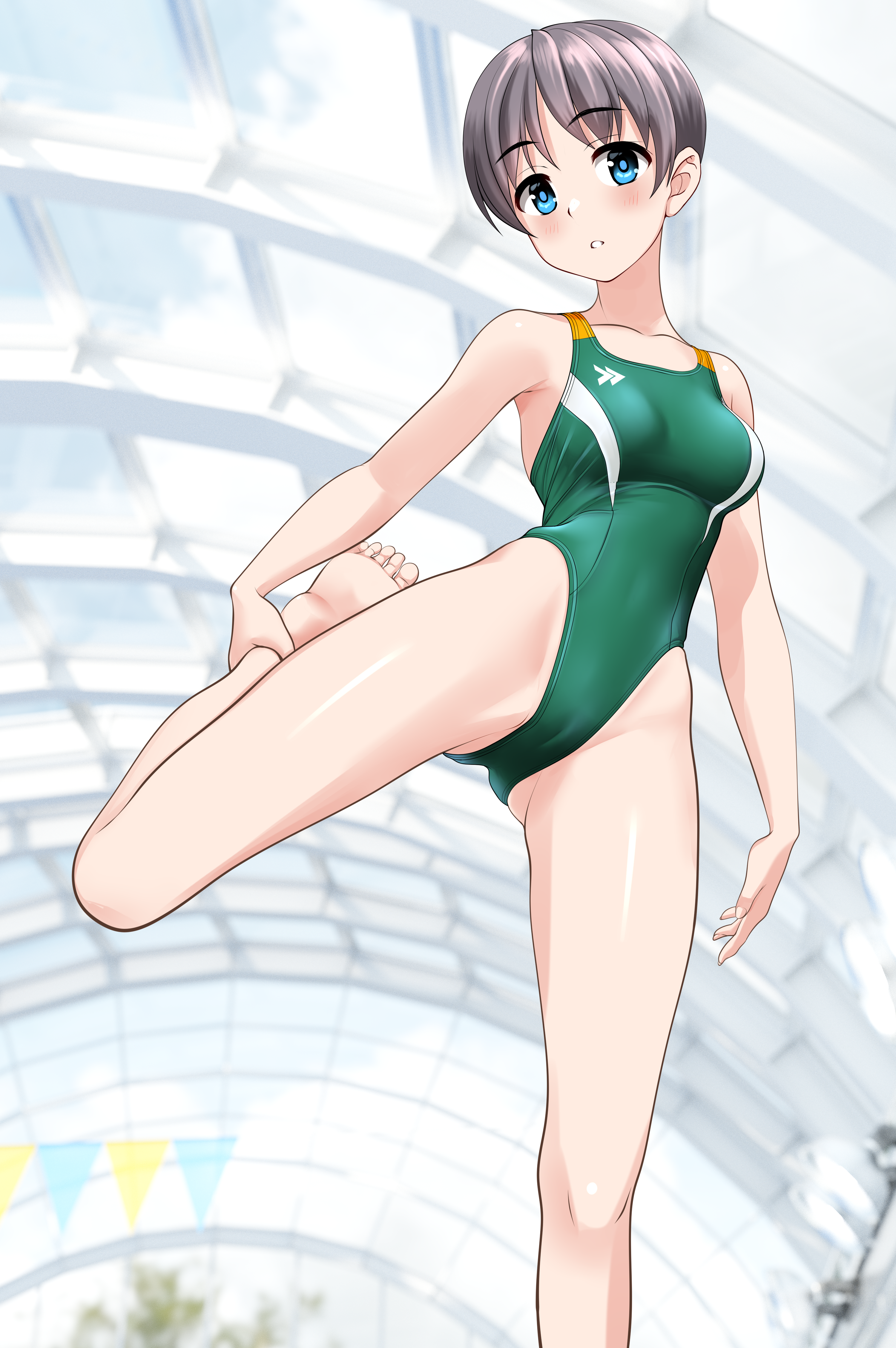 takafumi, original, absurdres, commentary request, highres, variant set, 1girl, blue eyes, breasts, competition swimsuit, covered navel, feet out of frame, foot up, glass ceiling, green one-piece swimsuit, grey hair, highleg, highleg one-piece swimsuit, leg lift, looking at viewer, medium breasts, multicolored swimsuit, one-piece swimsuit, short hair, solo, stretching, string of flags, swimsuit