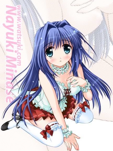 minase nayuki, kanon, black footwear, artist request, 1girl, blue eyes, blue hair, blush, breasts, choker, cleavage, collarbone, green eyes, kneeling, lace, large breasts, long hair, looking at viewer, nipples, nude, open mouth, red skirt, shirt, shoes, skirt, sleeveless, sleeveless shirt, thighhighs, watsuki.com, white shirt, white thighhighs, wrist cuffs