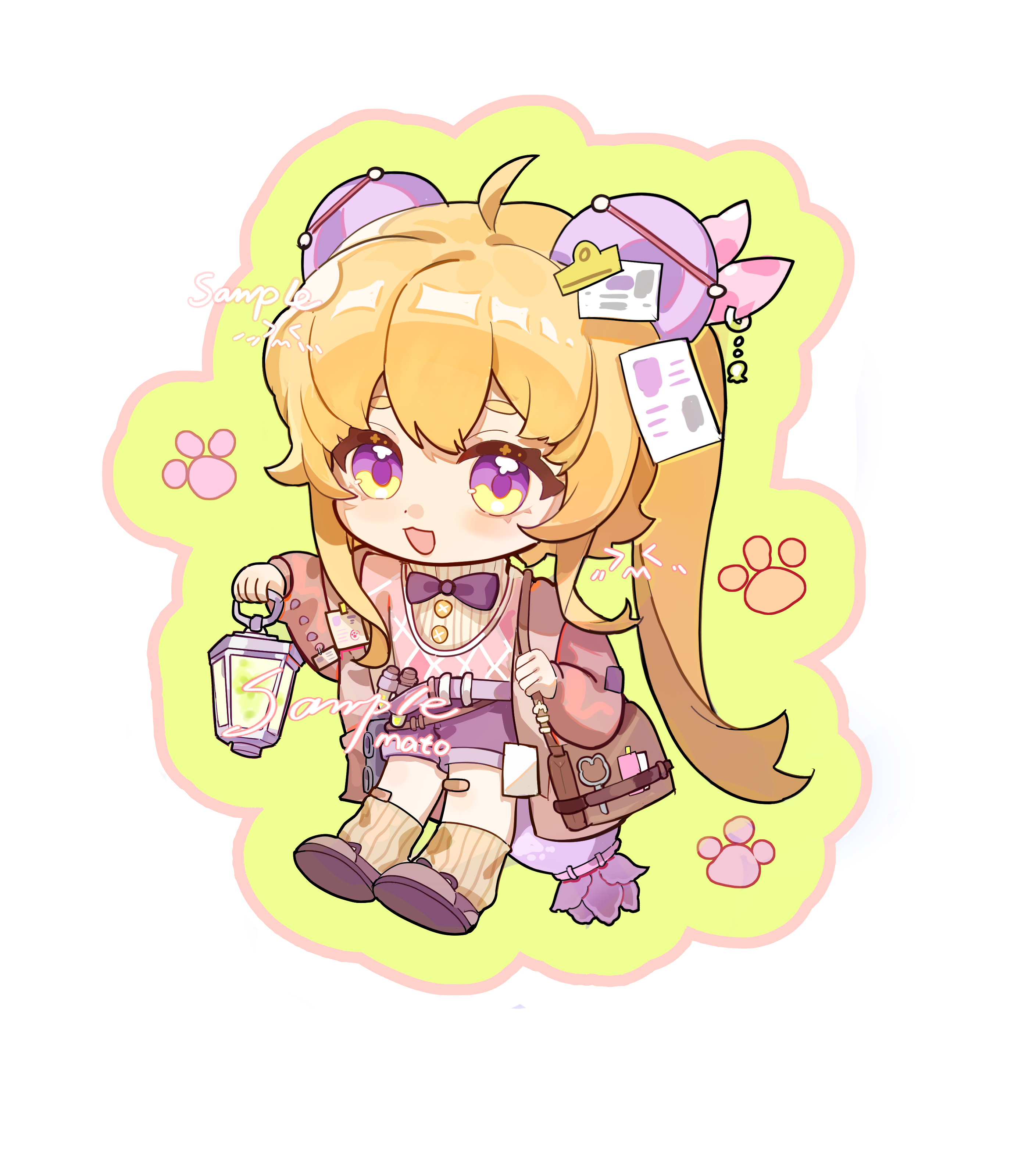 heiyi mataozi, original, absurdres, highres, 1girl, :3, :d, ahoge, bag, blonde hair, bow, bowtie, brown jacket, brown shoes, brown socks, chibi, chibi only, full body, green outline, holding, holding lantern, jacket, lantern, long hair, long sleeves, open clothes, open jacket, open mouth, outline, pink shirt, purple bow, purple bowtie, purple eyes, purple shorts, ribbed socks, sample watermark, shirt, shoes, shorts, simple background, smile, socks, solo, standing, twintails, very long hair, watermark, white background