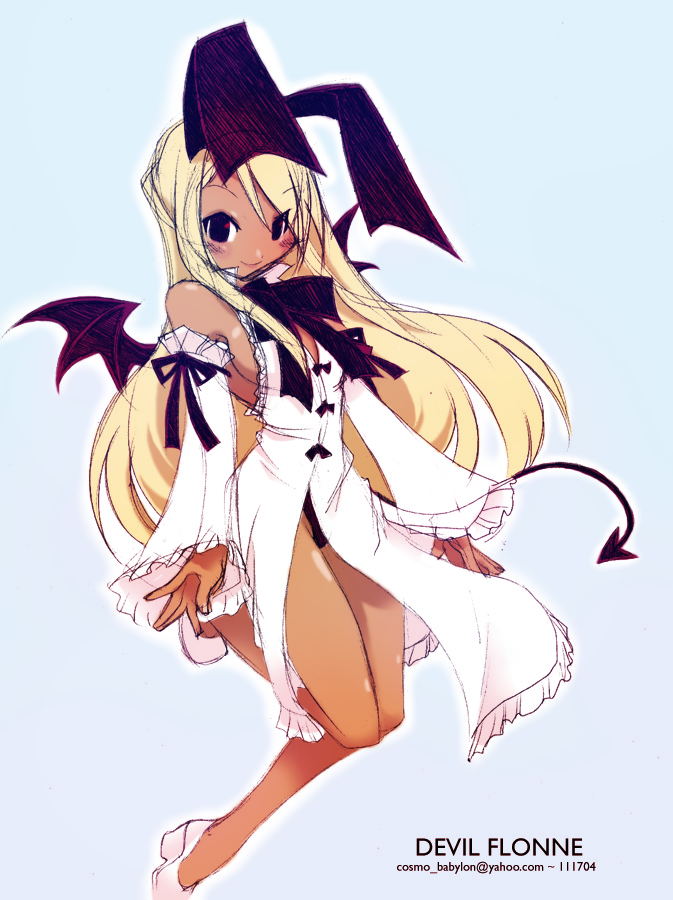 flonne, flonne (fallen angel), disgaea, makai senki disgaea, makai senki disgaea 2, makai senki disgaea 3, drawing, 00s, blonde hair, breasts, cleavage, dark skin, demon tail, demon wings, long hair, red eyes, tail, wings