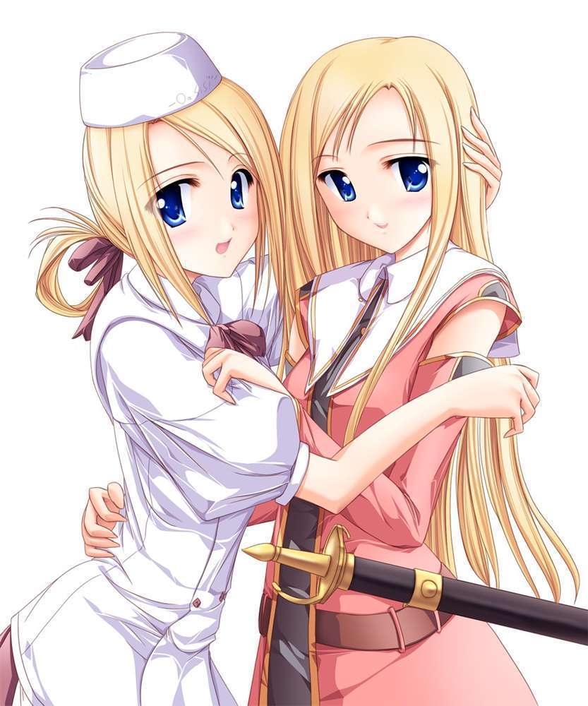tenmaso, arte lasmoon, selenia lasmoon, cradle song, jpeg artifacts, 2girls, blonde hair, blue eyes, blush, hair ribbon, hug, long hair, multiple girls, nurse, ribbon, sheath, smile, sword, weapon