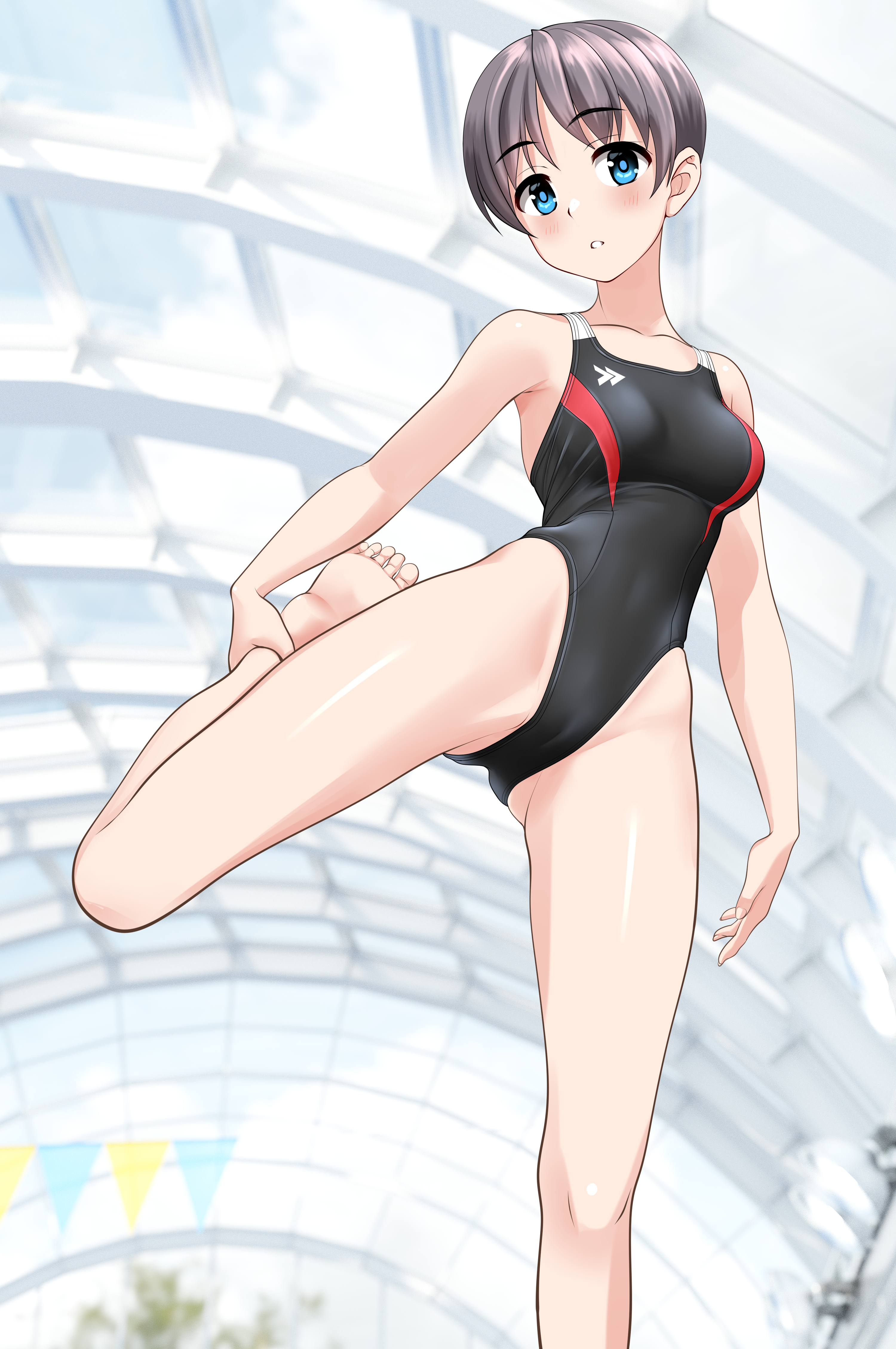 takafumi, original, absurdres, commentary request, highres, variant set, 1girl, black one-piece swimsuit, blue eyes, breasts, competition swimsuit, covered navel, feet out of frame, foot up, glass ceiling, grey hair, highleg, highleg one-piece swimsuit, leg lift, looking at viewer, medium breasts, multicolored swimsuit, one-piece swimsuit, short hair, solo, stretching, string of flags, swimsuit