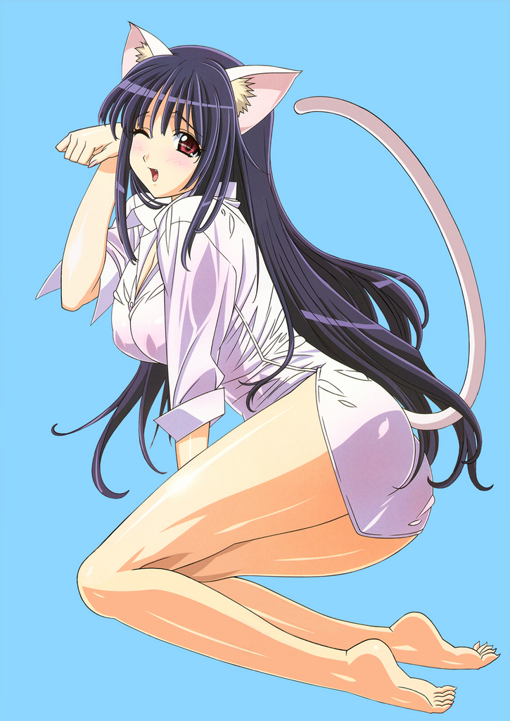 animal ears, blue hair, blush, cat ears, cat tail, feet, long hair, red eyes, soles, tail, thighhighs, wink