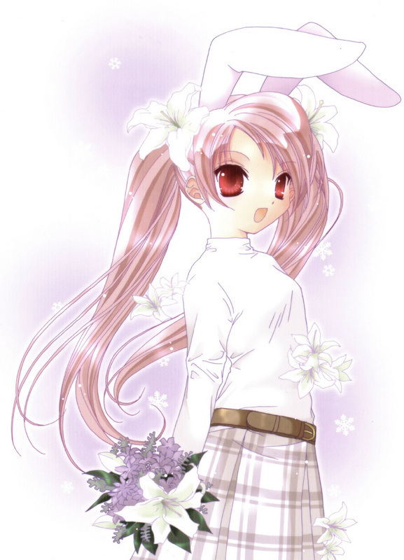 animal ears, belt, bouquet, brown hair, flower, long hair, open mouth, rabbit ears, red eyes, skirt