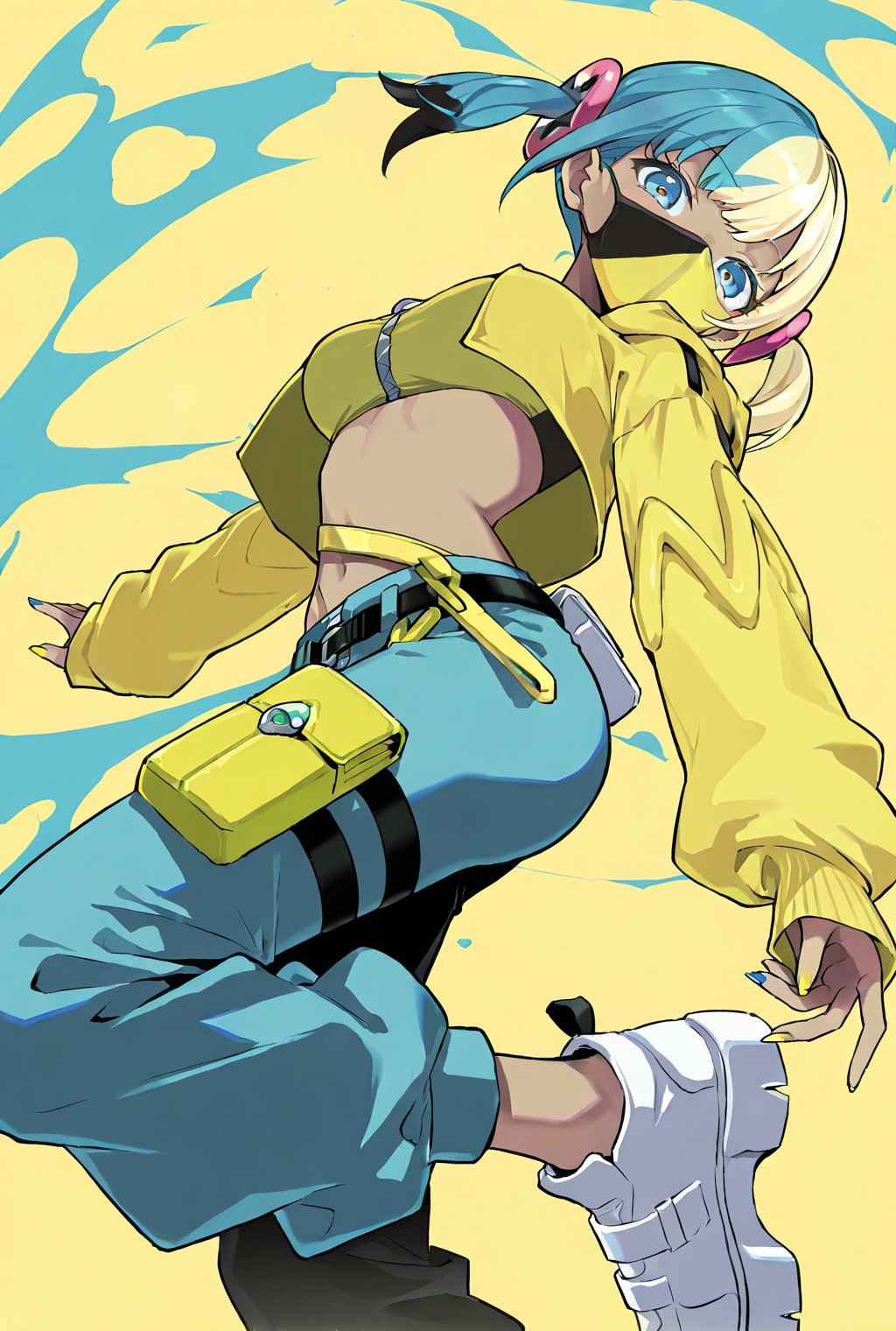 4949maurice, canari (pokemon), nintendo, pokemon, pokemon legends: z-a, highres, 1girl, aqua hair, bandeau, black mask, black pants, black shoes, blonde hair, blue background, blue eyes, blue pants, breasts, center-flap bangs, criss-cross straps, dark-skinned female, dark skin, jacket, large breasts, looking at viewer, mask, mega ring, mega stone, midriff, mouth mask, multicolored hair, navel, pants, shoes, short twintails, solo, split-color hair, sports bra, stomach, twintails, two-tone hair, two-tone mask, two-tone pants, yellow background, yellow bandeau, yellow jacket, yellow mask, yellow sports bra, zipper