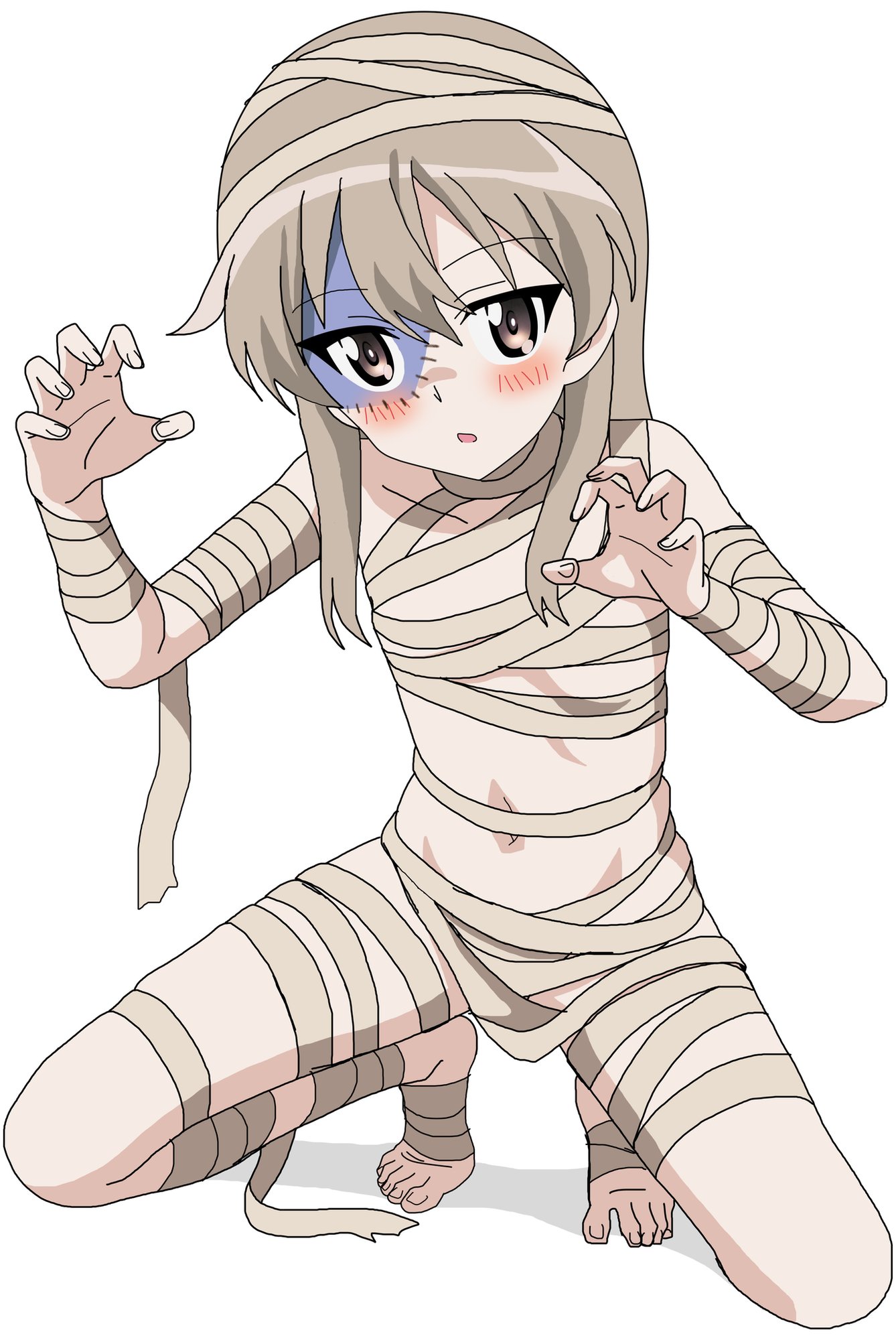 riokasen, shimada arisu, girls und panzer, highres, 1girl, blush, breasts, claw pose, green eyes, grey hair, halloween costume, long hair, looking at viewer, mummy costume, navel, simple background, small breasts, solo, squatting, white background