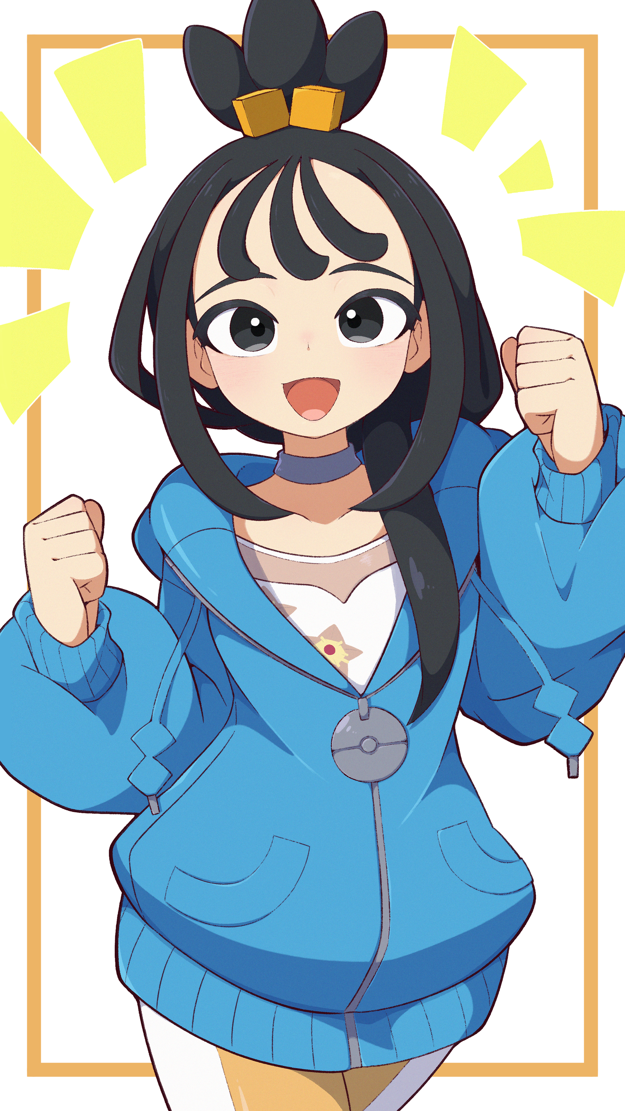 afuron, lida (pokemon), nintendo, pokemon, pokemon legends: z-a, absurdres, commentary request, highres, 1girl, :d, black hair, blue hoodie, choker, clenched hands, collarbone, cowboy shot, cube hair ornament, hair ornament, hands up, happy, hood, hood down, hoodie, leggings, long hair, long sleeves, looking at viewer, notice lines, open mouth, print shirt, shirt, smile, solo, tassel, topknot, white background, white shirt, zipper pull tab