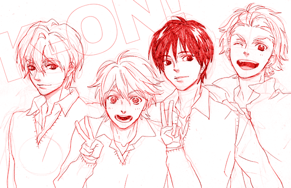 akiyama mio, hirasawa yui, kotobuki tsumugi, tainaka ritsu, k-on!, 00s, 4boys, genderswap, genderswap (ftm), ho-kago tea time, male focus, monochrome, multiple boys, one eye closed, red theme, school uniform, sketch, smile, v, wink